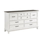 Woki 66 Inch Wide Dresser, 9 Drawers, Antique White and Brown Solid Wood By Casagear Home