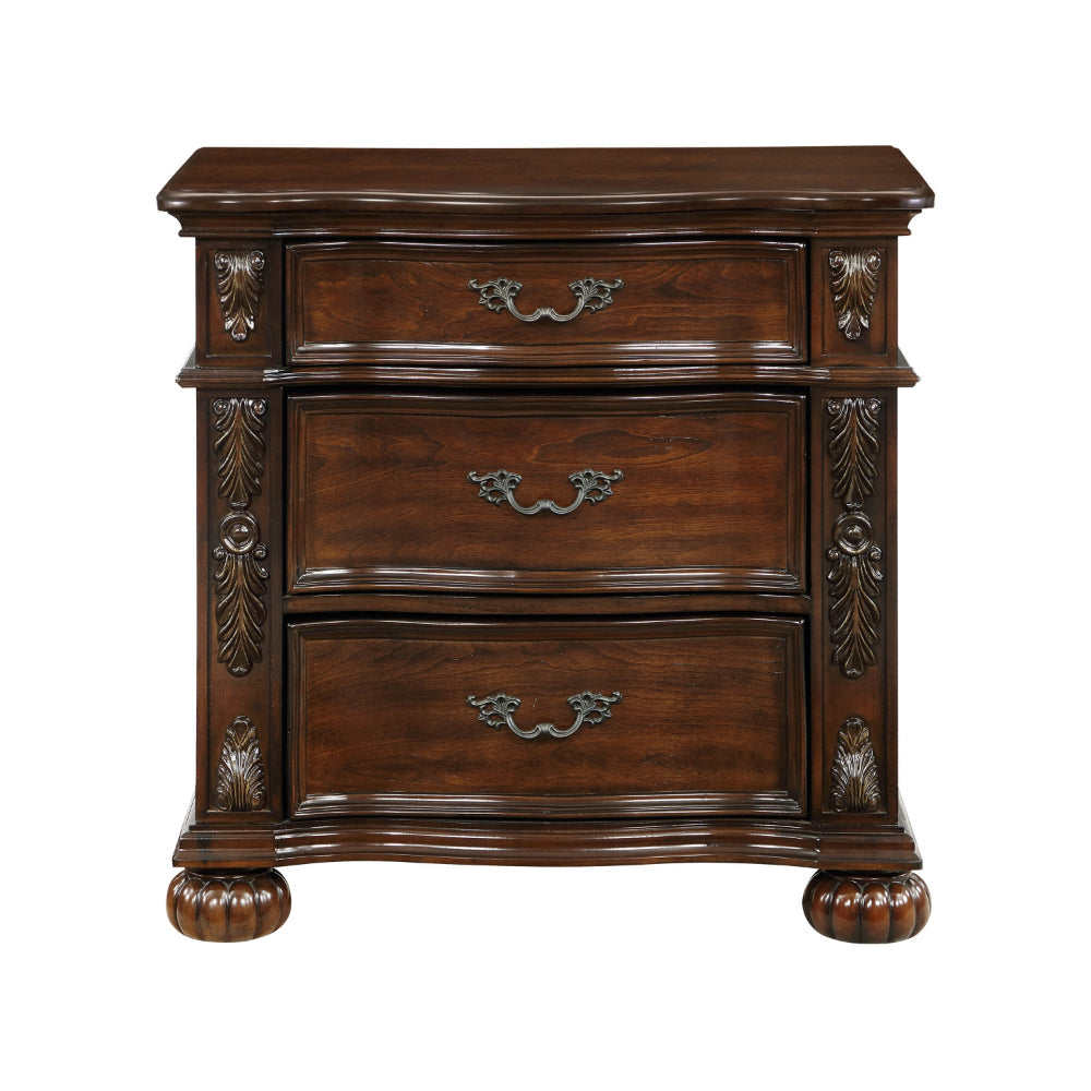 Nami 32 Inch Nightstand 3 Drawers Leaf Carvings Cherry Brown Solid Wood By Casagear Home BM313192