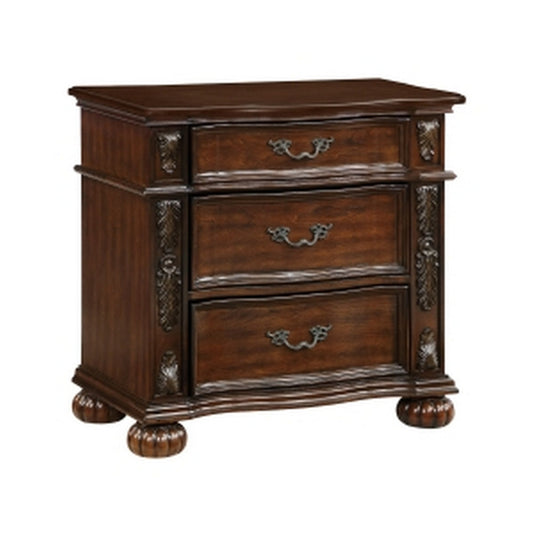 Nami 32 Inch Nightstand, 3 Drawers, Leaf Carvings, Cherry Brown Solid Wood By Casagear Home