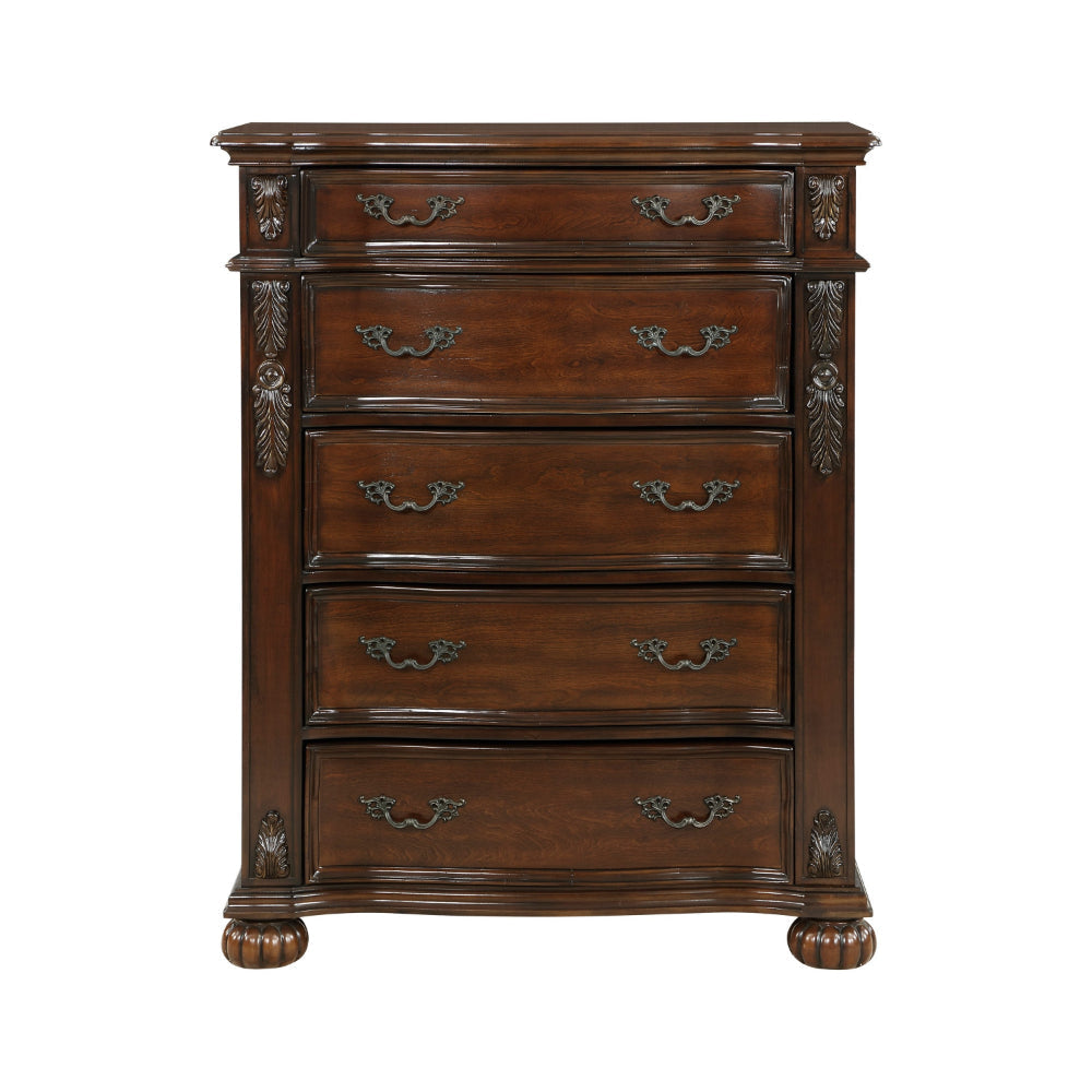 Nami 50 Inch Tall Dresser Chest 5 Drawers Carved Cherry Brown Solid Wood By Casagear Home BM313193