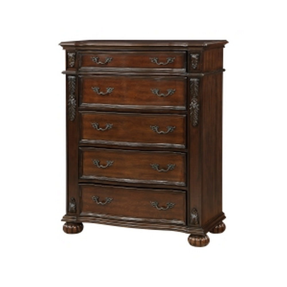 Nami 50 Inch Tall Dresser Chest 5 Drawers Carved Cherry Brown Solid Wood By Casagear Home BM313193