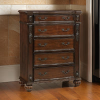 Benjara BM313193 Nami 50 in. Tall Dresser Chest - 5 Drawers - Carved Cherry Solid Wood