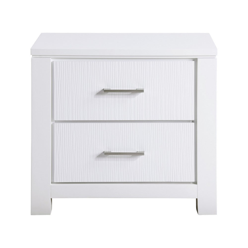 Roni 26 Inch Nightstand 2 Drawers Embossed Design White Solid Wood By Casagear Home BM313194