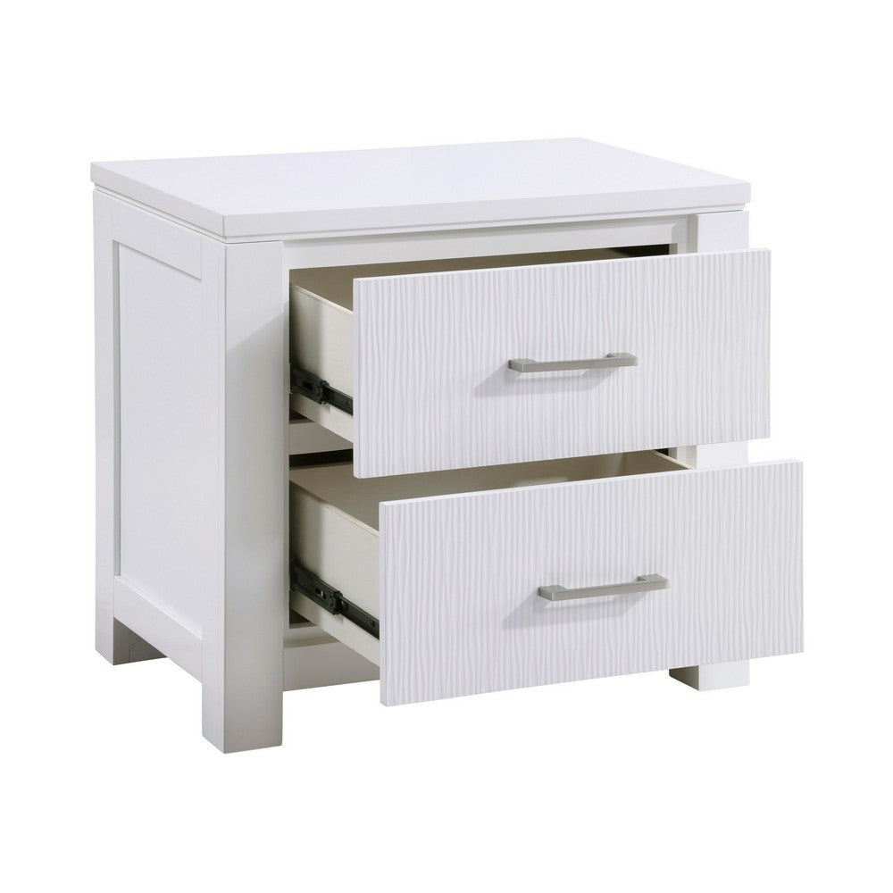 Roni 26 Inch Nightstand 2 Drawers Embossed Design White Solid Wood By Casagear Home BM313194