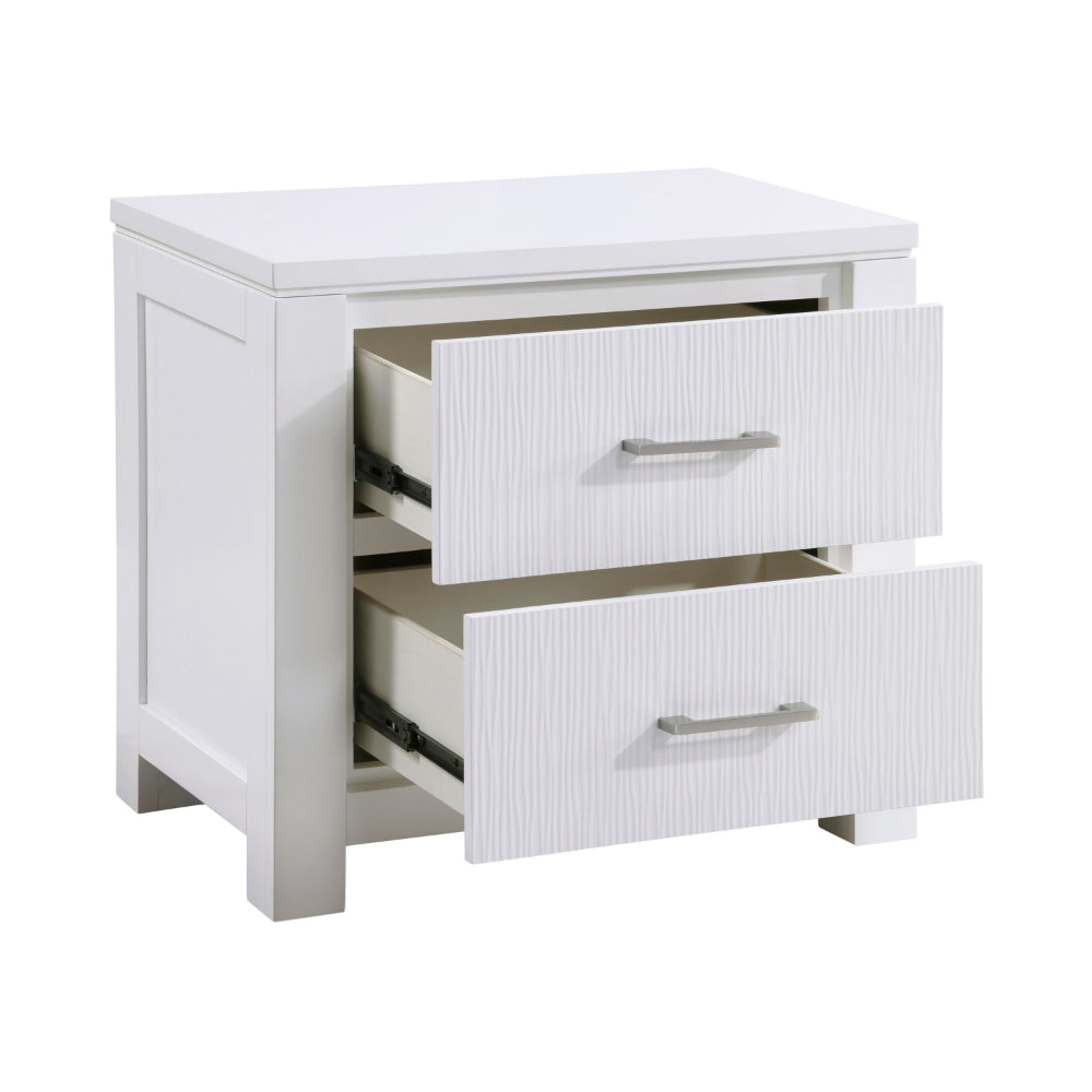 Roni 26 Inch Nightstand, 2 Drawers, Embossed Design, White Solid Wood By Casagear Home