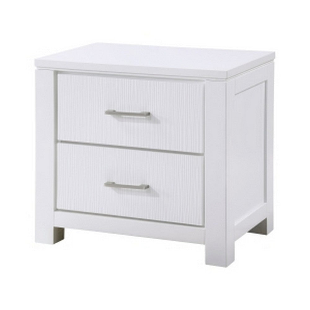 Roni 26 Inch Nightstand 2 Drawers Embossed Design White Solid Wood By Casagear Home BM313194