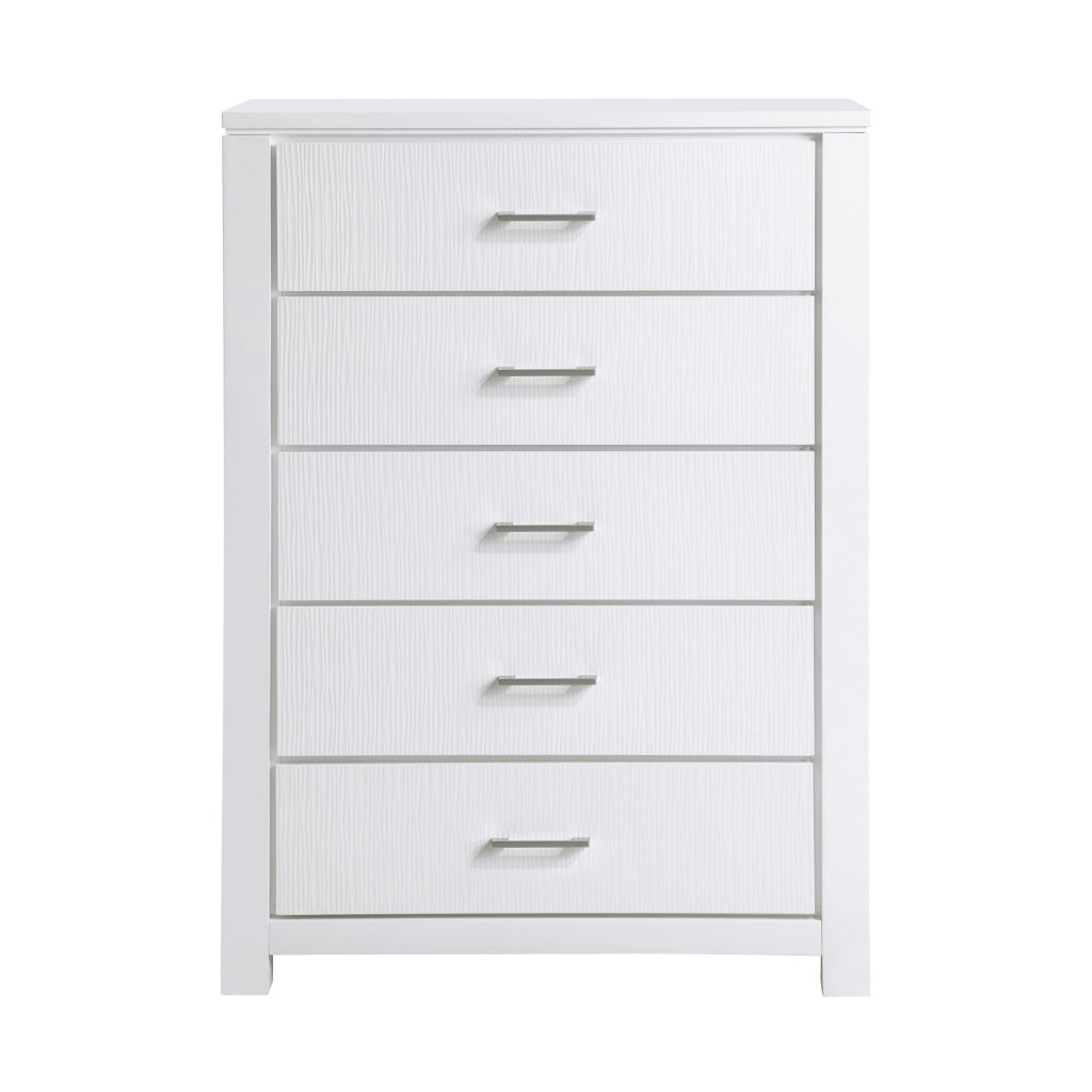 Roni 52 Inch Tall Dresser Chest 5 Drawers Embossed White Solid Wood By Casagear Home BM313196