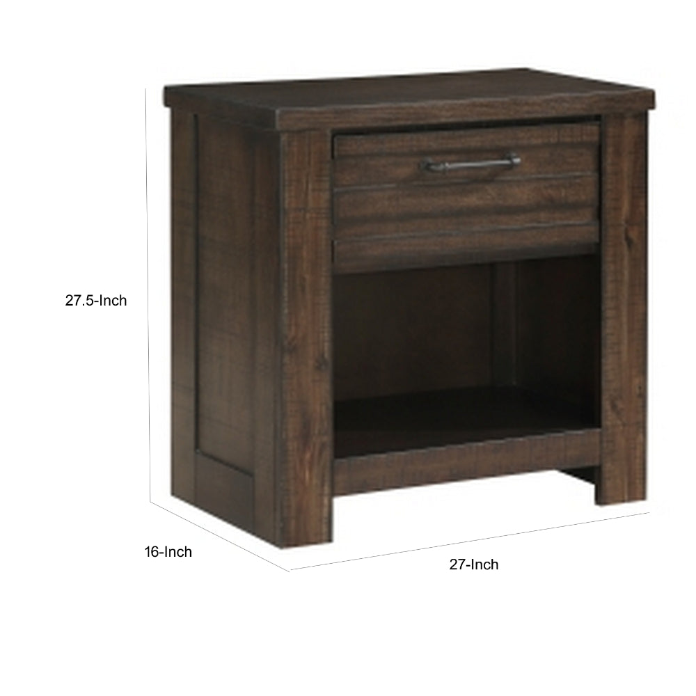 Niti 28 Inch Nightstand, 1 Drawer and 1 Open Storage Cubby, Antique Brown By Casagear Home