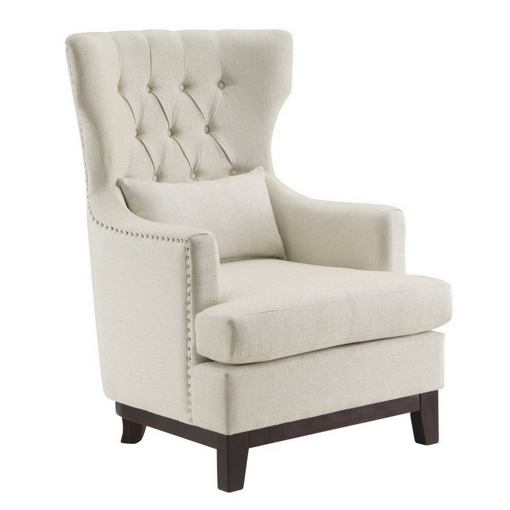 Kuri 34 Inch Accent Armchair, 1 Lumbar Pillow, Gray Wingback Button Tufted By Casagear Home