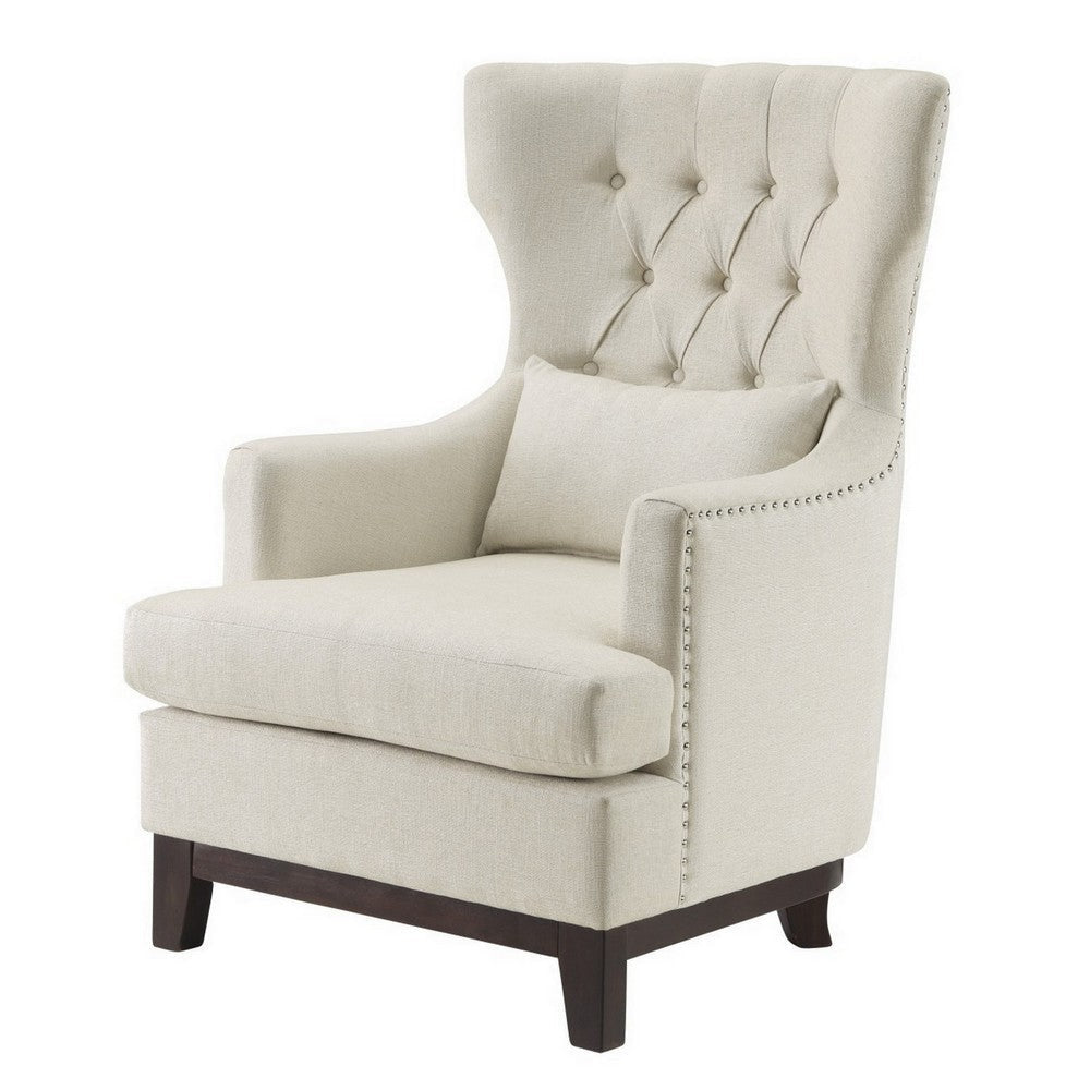 Kuri 34 Inch Accent Armchair 1 Lumbar Pillow Gray Wingback Button Tufted By Casagear Home BM313211