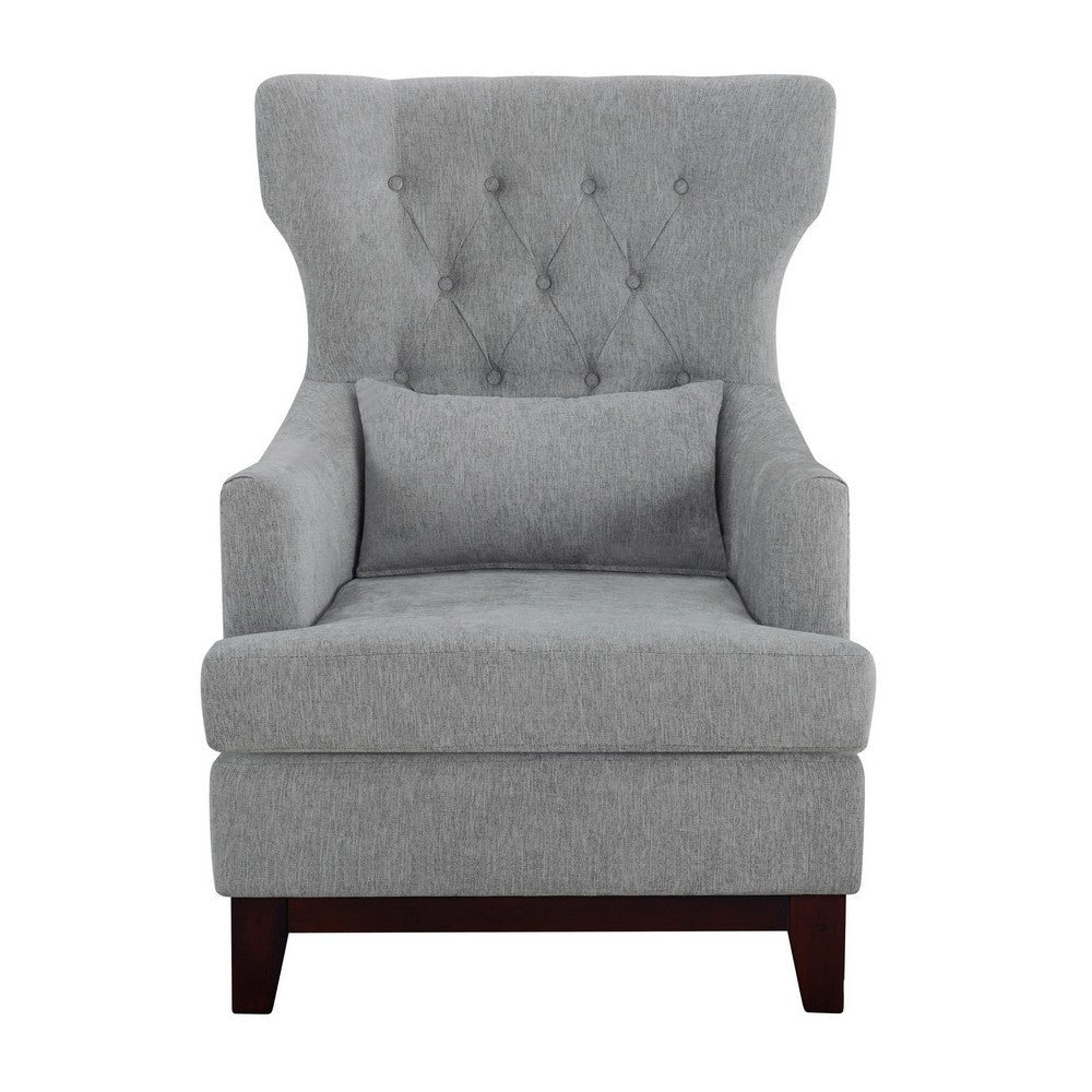 Kuri 34 Inch Accent Armchair 1 Lumbar Pillow Gray Wingback Button Tufted BM313212