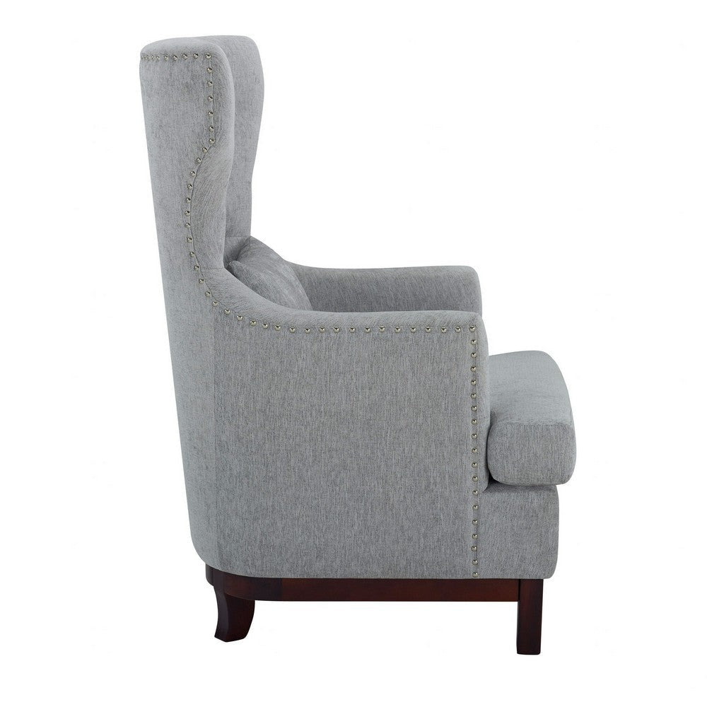 Kuri 34 Inch Accent Armchair 1 Lumbar Pillow Gray Wingback Button Tufted BM313212