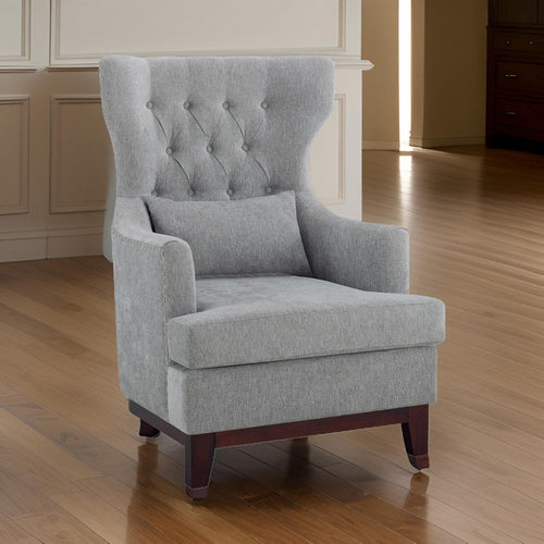 Kuri 34 Inch Accent Armchair, 1 Lumbar Pillow, Gray Wingback Button Tufted
