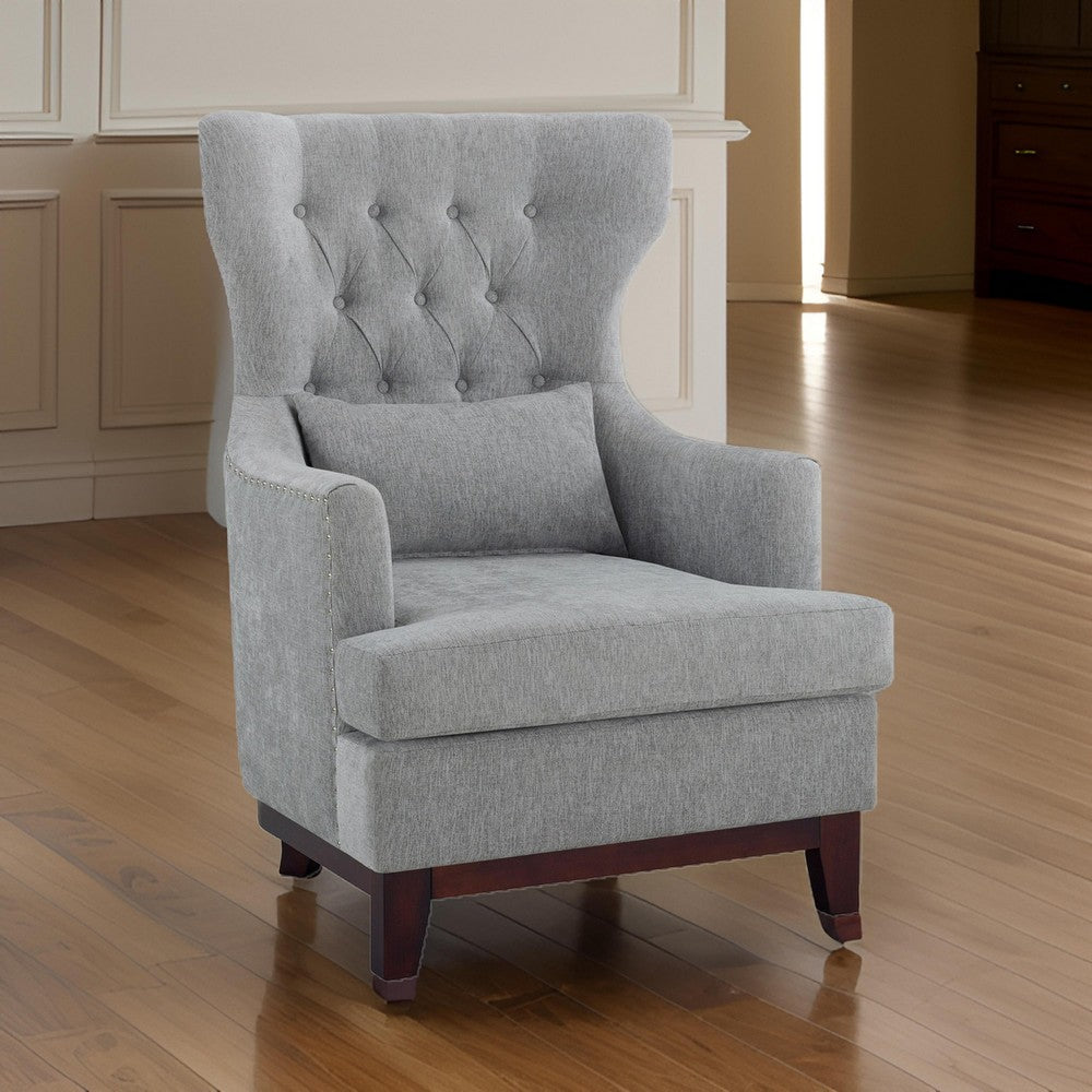 Kuri 34 Inch Accent Armchair, 1 Lumbar Pillow, Gray Wingback Button Tufted