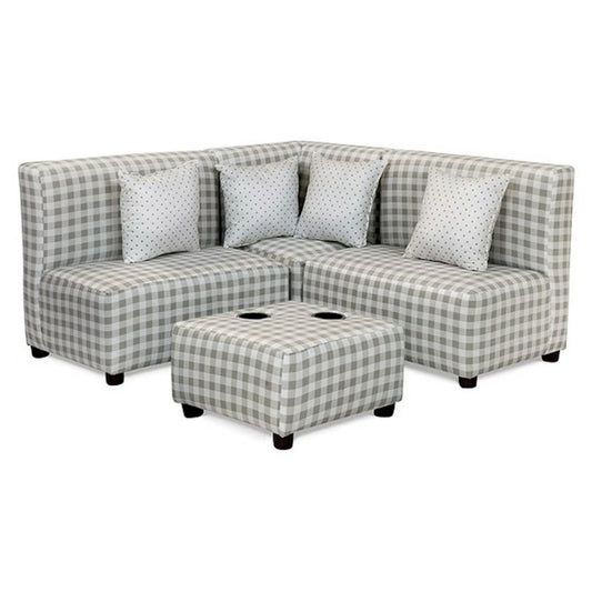Kids Sectional Sofa with Ottoman, 4 Pillows, Checkered Fabric, Green, White By Casagear Home