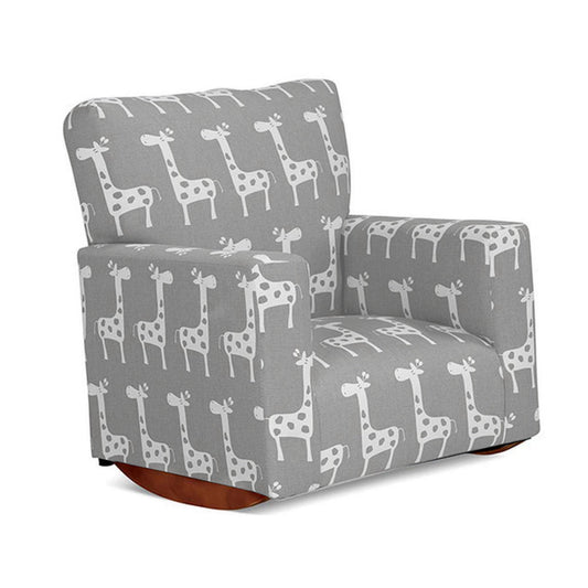 Tye 24 Inch Kids Rocking Chair, Gray, White Giraffe Print, Brown Legs By Casagear Home