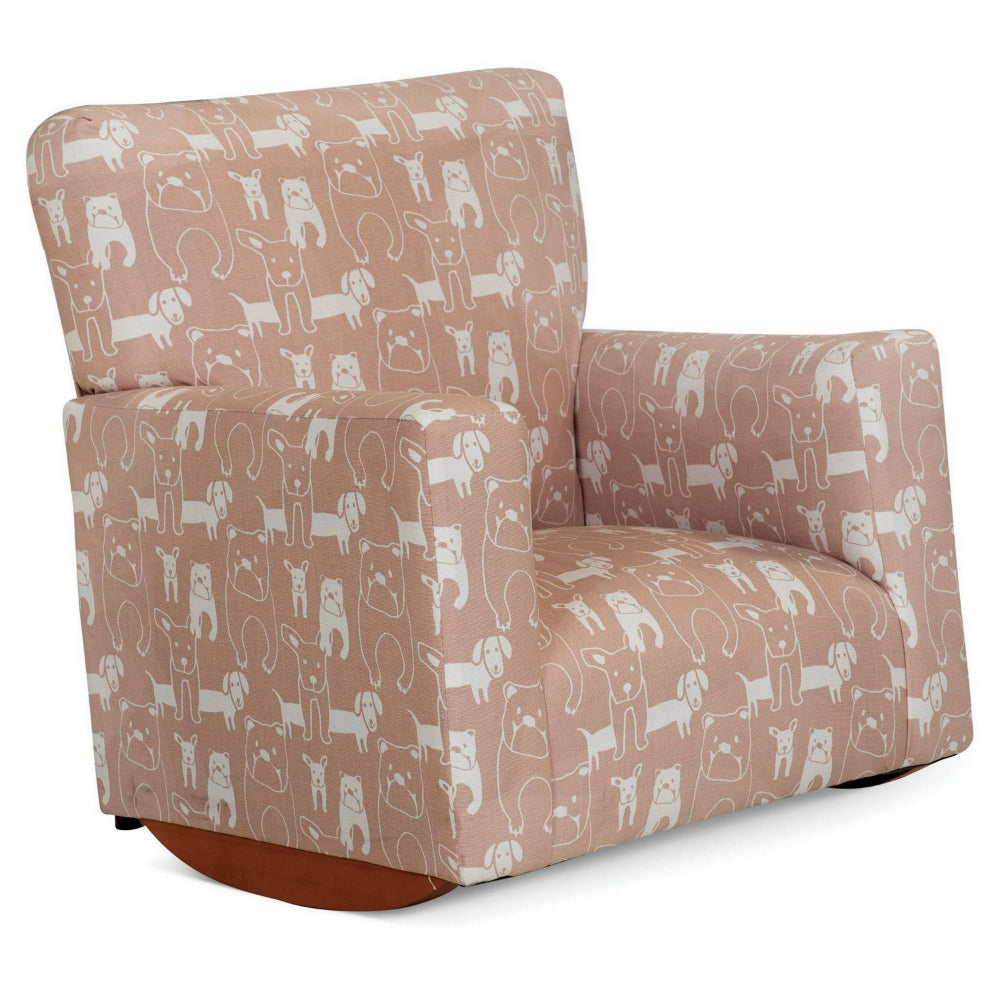Tye 24 Inch Kids Rocking Chair, Soft Pink, White Dog Print, Brown Legs By Casagear Home
