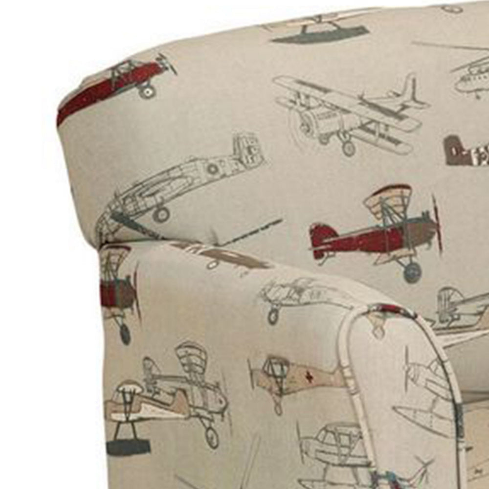 Tye 32 Inch Kids Sofa, Padded Beige Welt Trim Fabric Vintage Airplane Print By Casagear Home