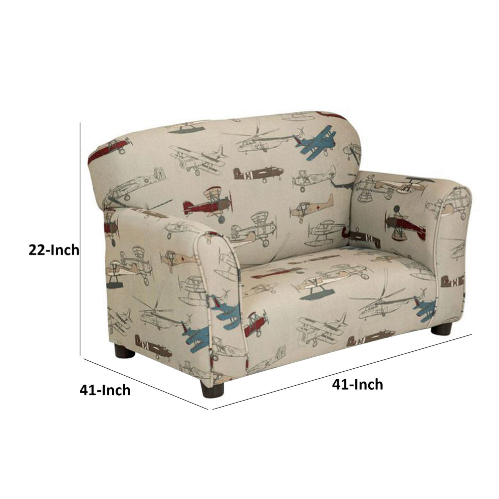 Tye 32 Inch Kids Sofa, Padded Beige Welt Trim Fabric Vintage Airplane Print By Casagear Home