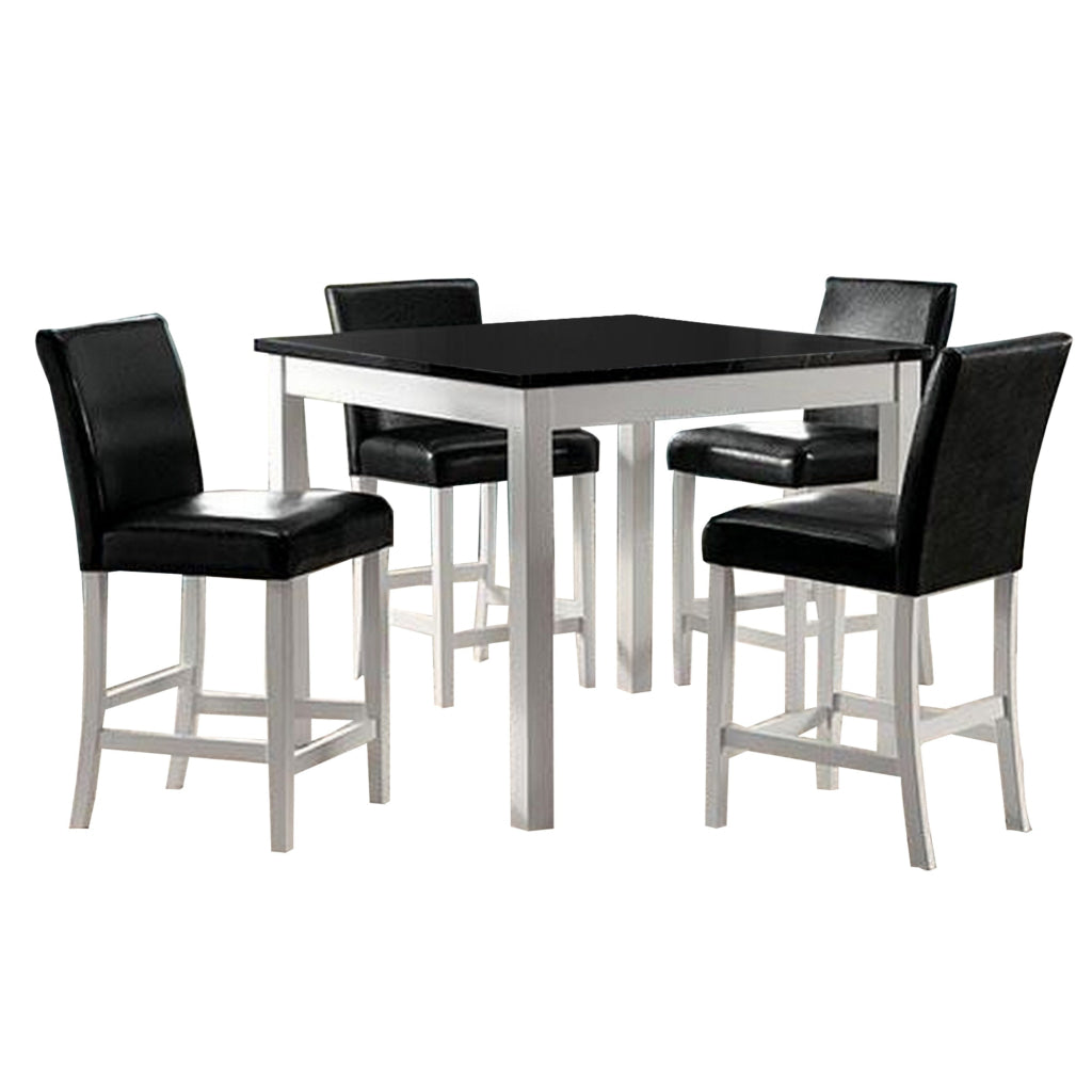 5 Piece Counter Table and Chair Set Black Faux Leather Seat White Wood By Casagear Home BM313224