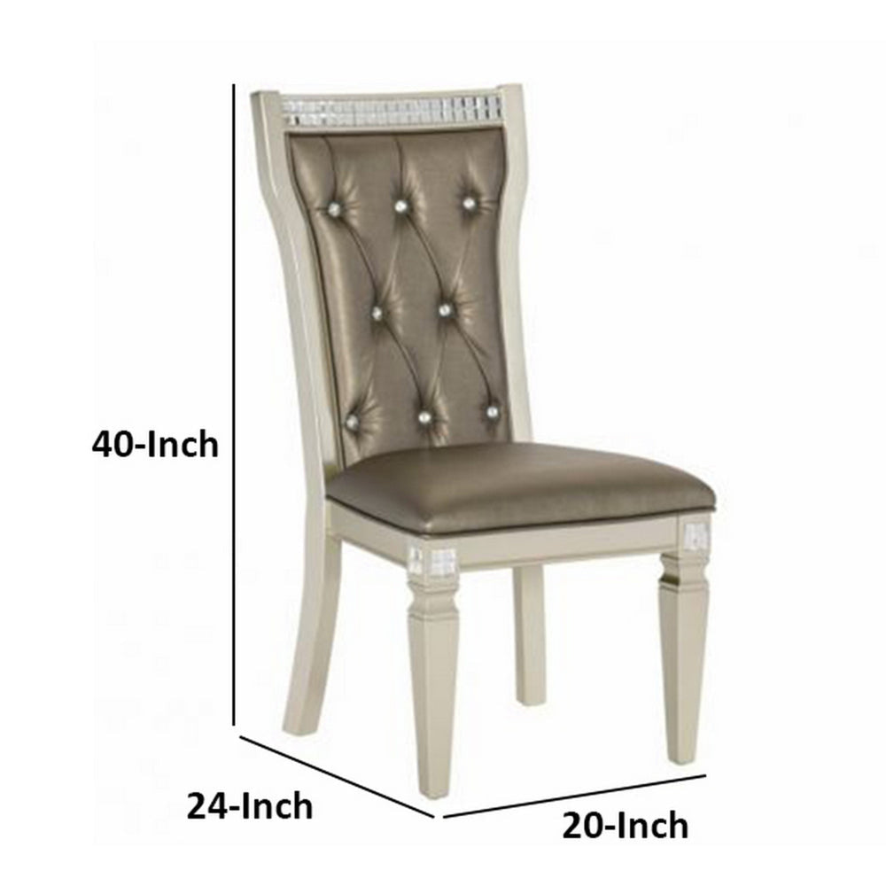 Lin 20 Inch Dining Side Chair Set of 2, Tufted Gray Faux Leather, Champagne By Casagear Home