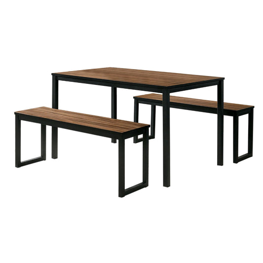 3 Piece Dining Table Set, 2 Benches, Brown Wood Grain Top, Black Metal By Casagear Home