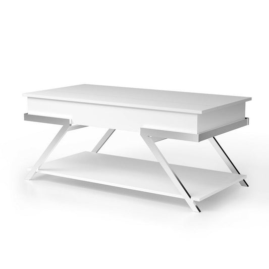 Tius 48 Inch Coffee Table, Chrome Frame, Lift Top, High Gloss White Finish By Casagear Home