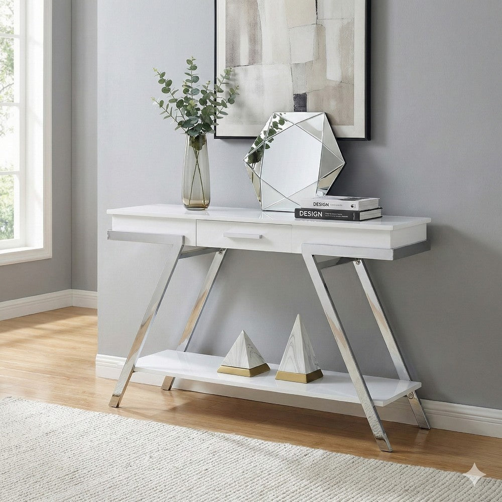 Tius 48 Inch Sofa Table, Open Shelf, Chrome Frame, High Gloss White Finish By Casagear Home