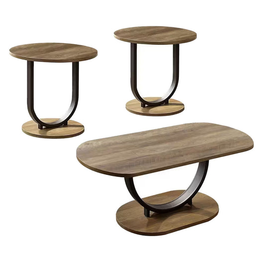Obin 3 Piece Coffee and End Table Set, Brown MDF, Black U Shape Steel Base By Casagear Home