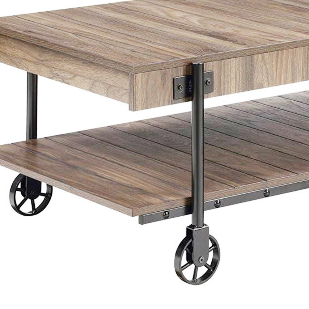 Loak 47 Inch Coffee Table, Brown Plank Top, Bottom Shelf, Wheels, Black By Casagear Home
