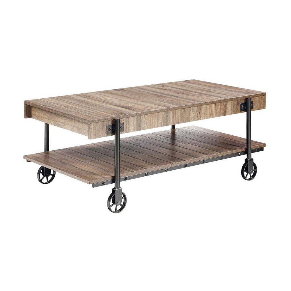 Loak 47 Inch Coffee Table Brown Plank Top Bottom Shelf Wheels Black By Casagear Home BM313236