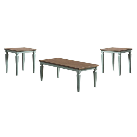 Miun 3 Piece Coffee and End Table Set, Classic Teal, Brown Solid Wood By Casagear Home