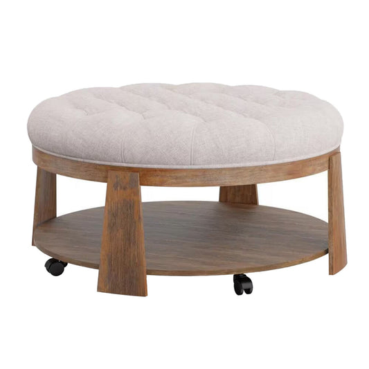 Gus 41 Inch Ottoman Coffee Table, Button Tufted Beige Fabric, Brown Wood By Casagear Home