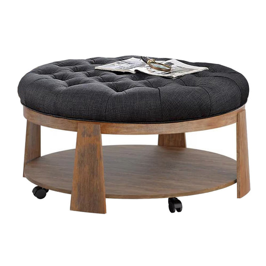 Gus 41 Inch Ottoman Coffee Table, Button Tufted Gray Fabric, Brown Wood By Casagear Home