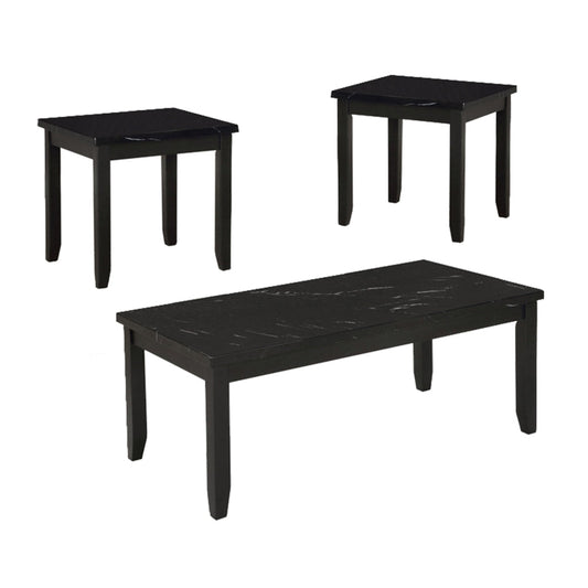 Lide 3 Piece Coffee Table and End Table Set, Faux Marble Top, Black Wood By Casagear Home