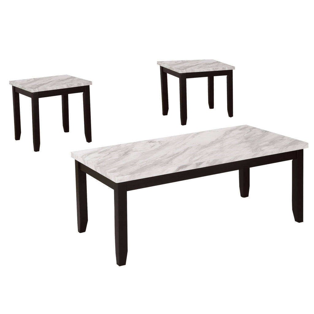 Lide 3 Piece Coffee Table and End Table Set White Faux Marble Top Black By Casagear Home BM313244