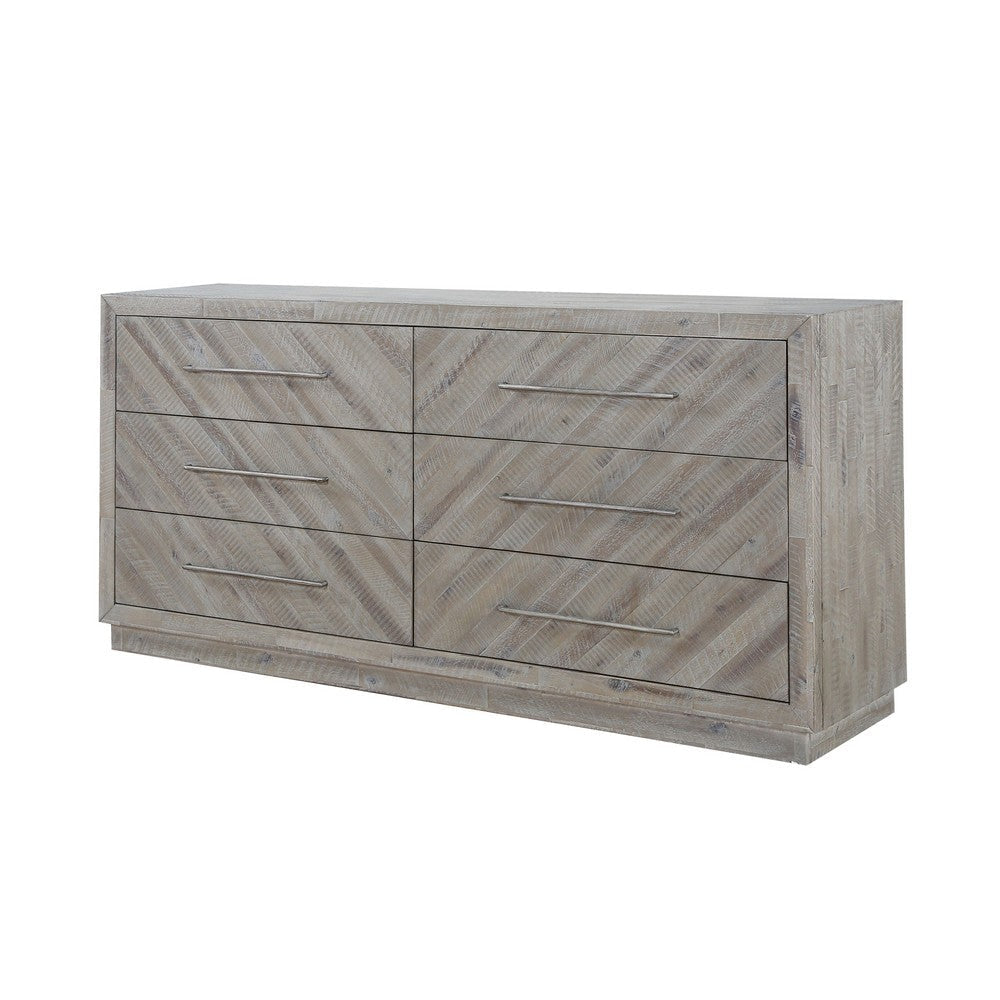 Alliso 72 Inch Wide Dresser, 6 Drawers with Handles, Herringbone, Gray