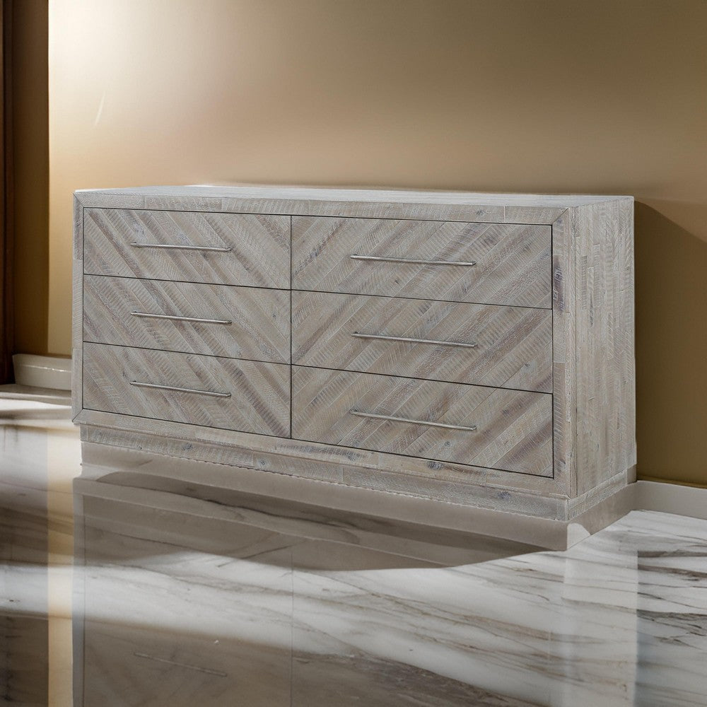 Alliso 72 Inch Wide Dresser, 6 Drawers with Handles, Herringbone, Gray