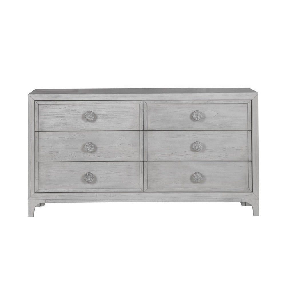 Roe 66 Inch Wide Dresser 6 Drawers Carved Beveled Glass Mirror Gray BM313247