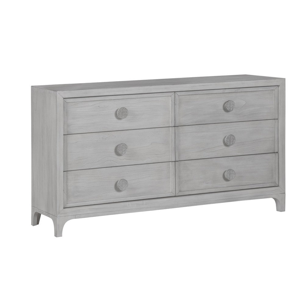Roe 66 Inch Wide Dresser, 6 Drawers, Carved, Beveled Glass Mirror, Gray