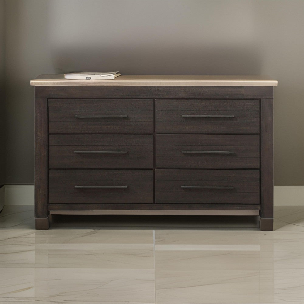 Aziel 66 Inch Wide Dresser, 6 Drawers with Bronze Handles, Basalt Gray