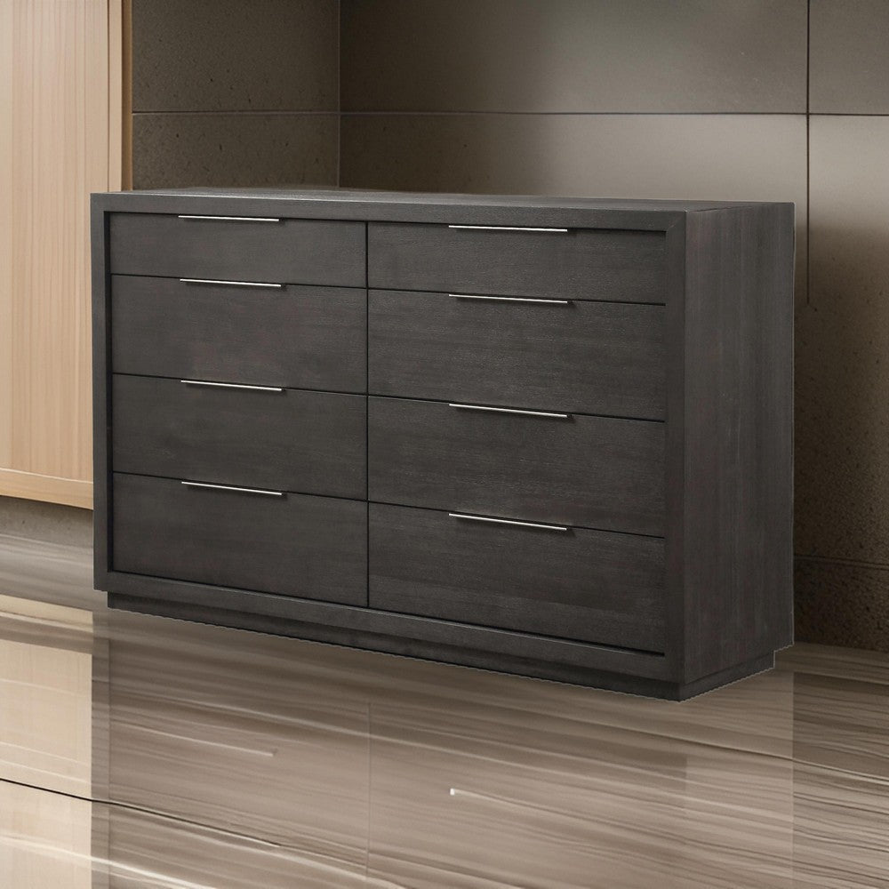 Jose 64 Inch Wide Dresser, 8 Drawers with Nickel Handles, Plinth Base, Gray