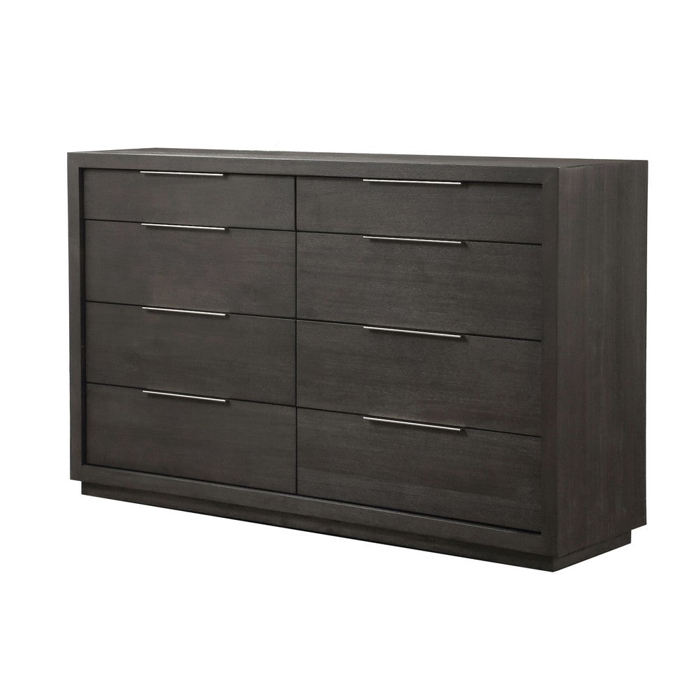Jose 64 Inch Wide Dresser, 8 Drawers with Nickel Handles, Plinth Base, Gray