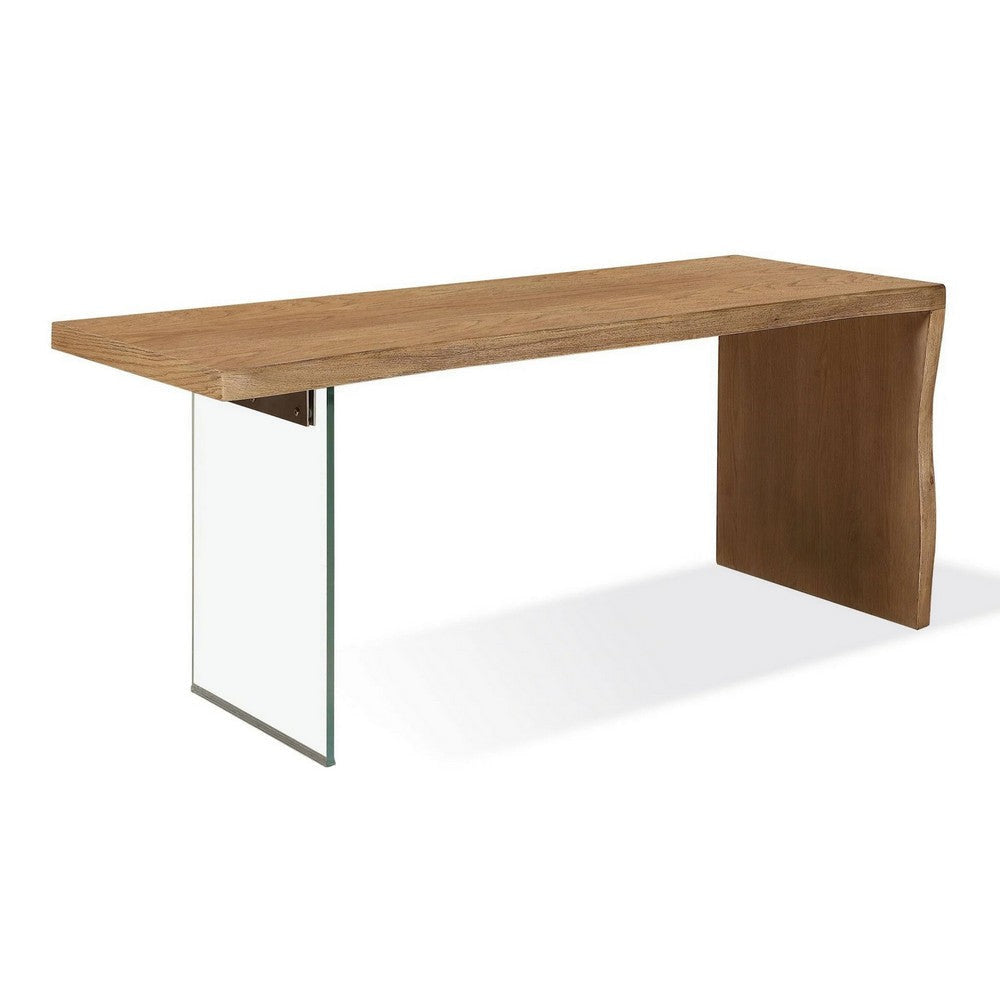 Uvi 68 Inch Writing Desk Transparent Glass Leg Waterfall Edge Brown BM313264