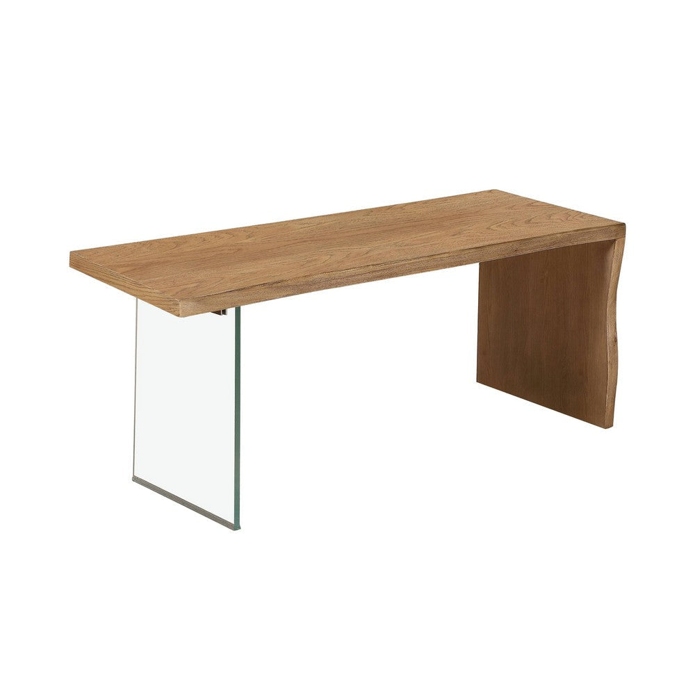 Uvi 68 Inch Writing Desk, Transparent Glass Leg, Waterfall Edge, Brown
