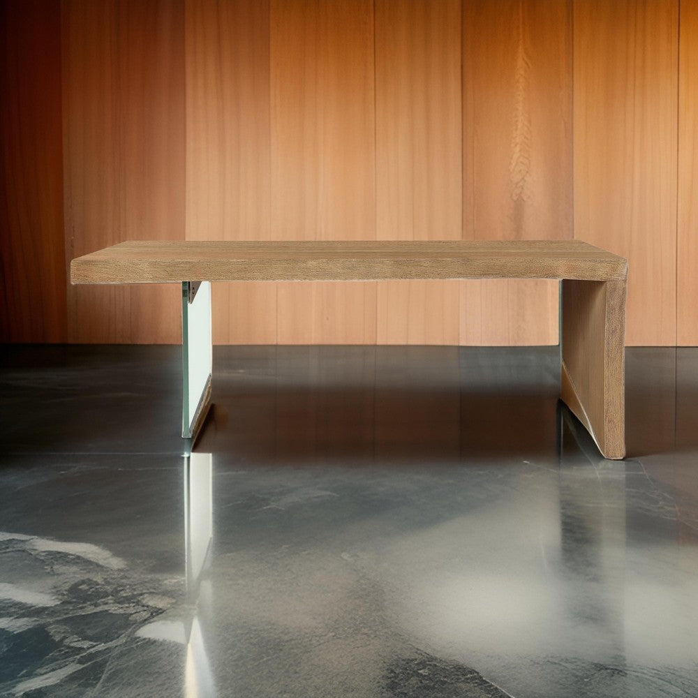 Uvi 54 Inch Coffee Table, Transparent Glass Leg, Waterfall Edge, Brown