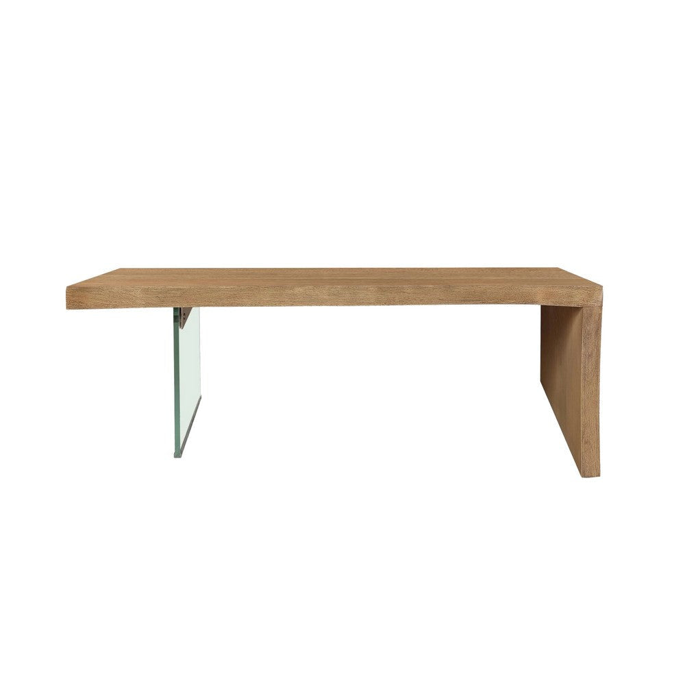 Uvi 54 Inch Coffee Table, Transparent Glass Leg, Waterfall Edge, Brown