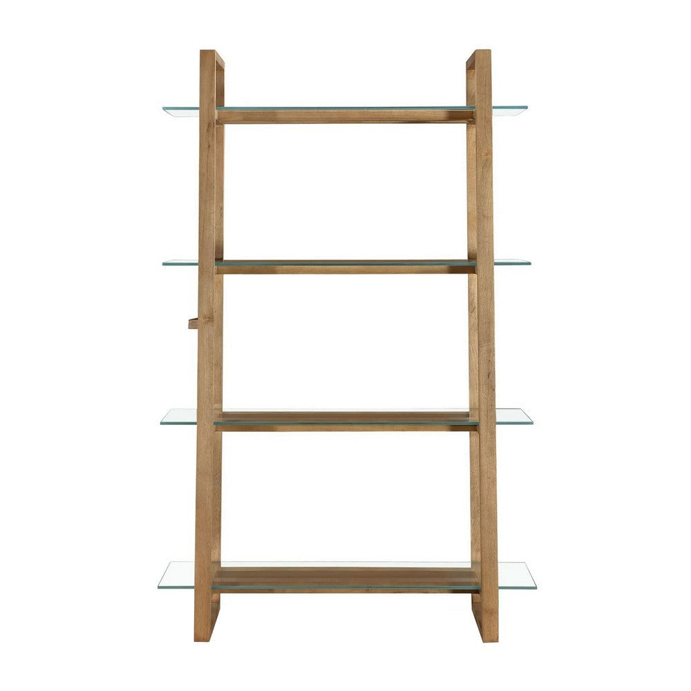 Uvi 76 Inch Bookcase 4 Floating and Slatted Glass Shelves Bisque Brown BM313267