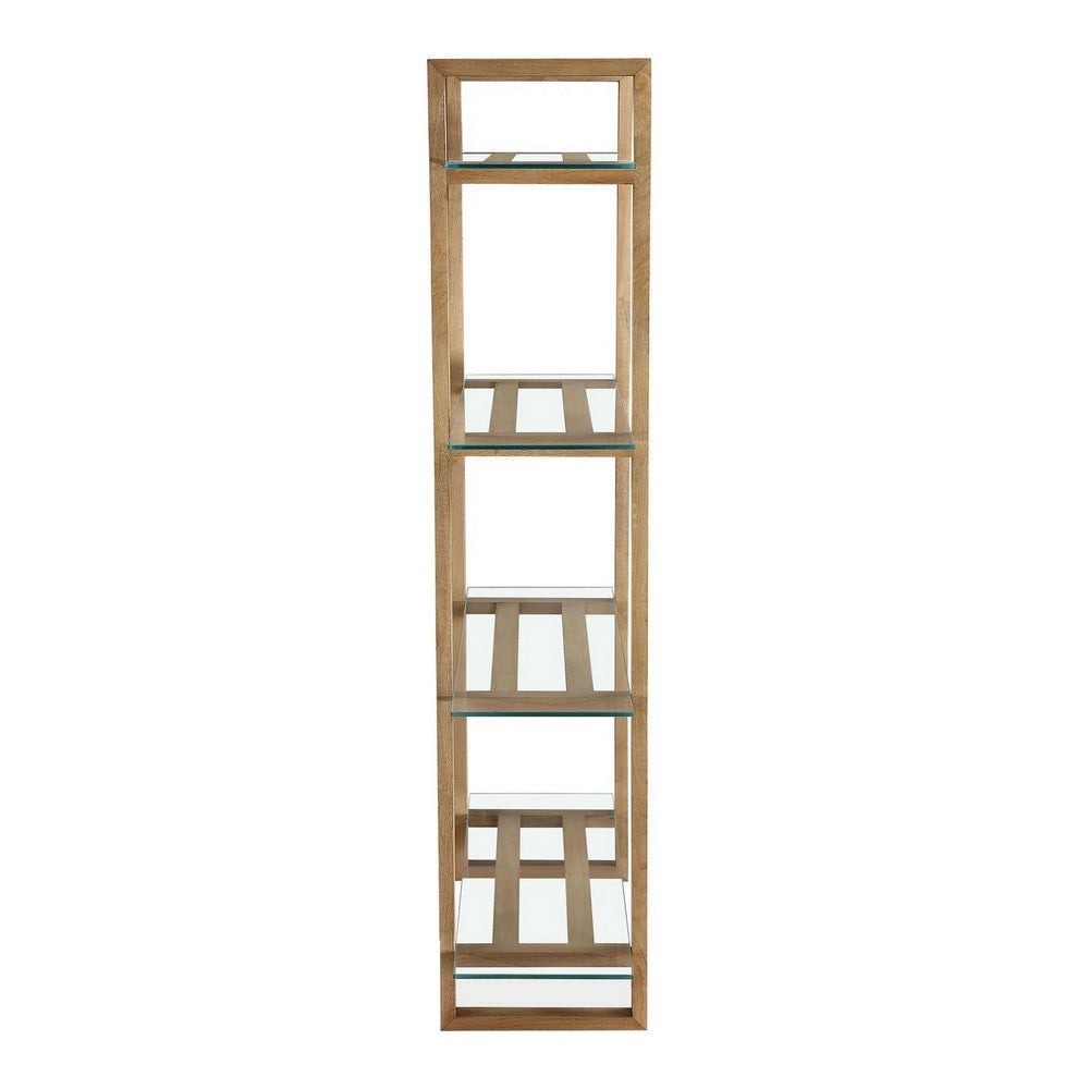 Uvi 76 Inch Bookcase 4 Floating and Slatted Glass Shelves Bisque Brown BM313267