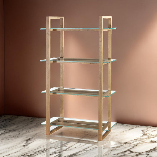 Uvi 76 Inch Bookcase, 4 Floating and Slatted Glass Shelves, Bisque Brown